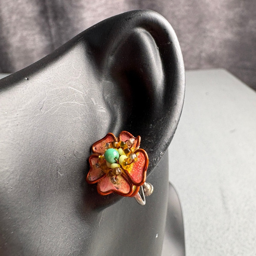Vintage Style Beaded Flower Screw Back Clip On Earrings Pink Orange Turquoise
